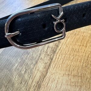 Calvin Klein Black Embossed Logo Belt with Silver Buckle